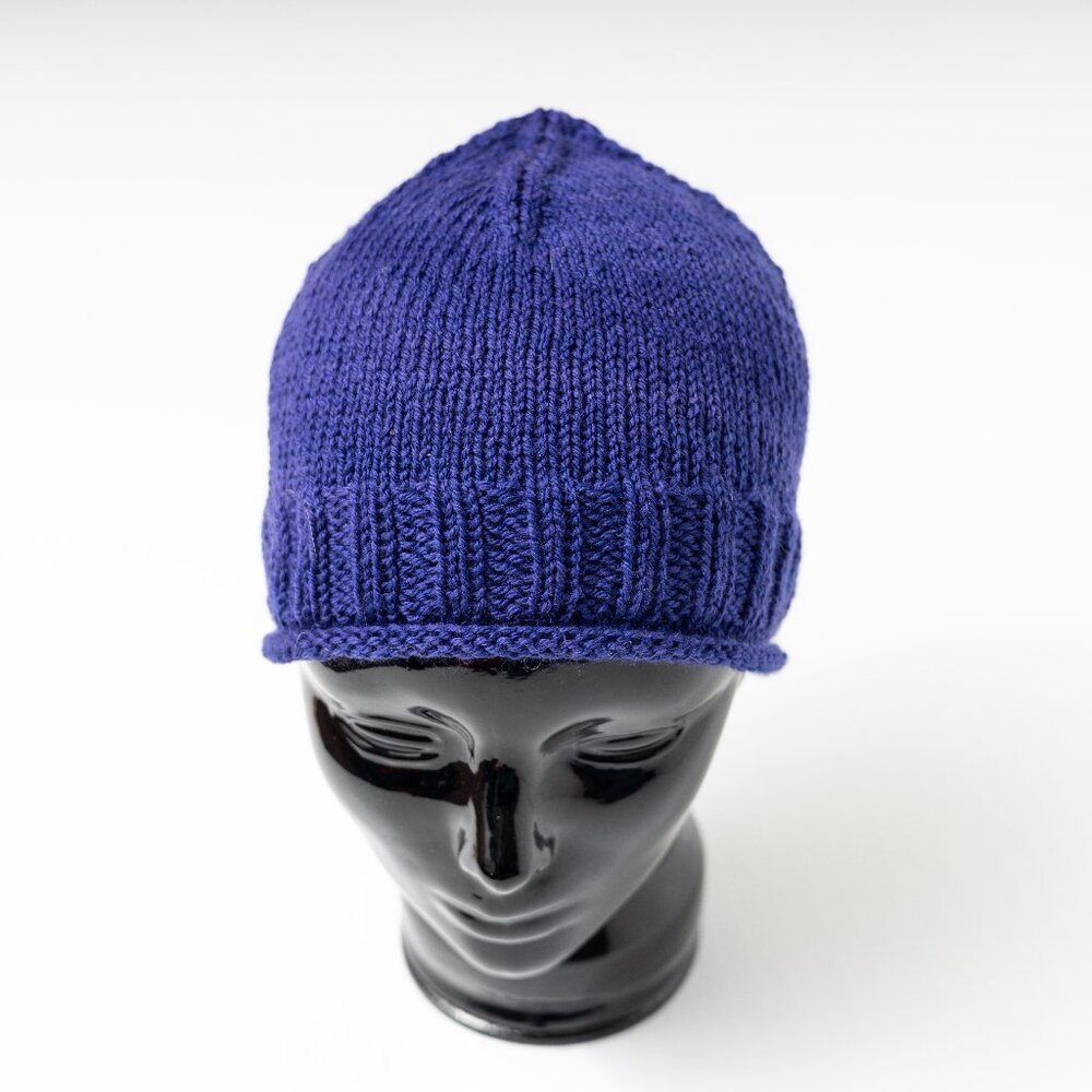 Violet Blue Purple Merino Wool Rolled Brim Beanie Hat